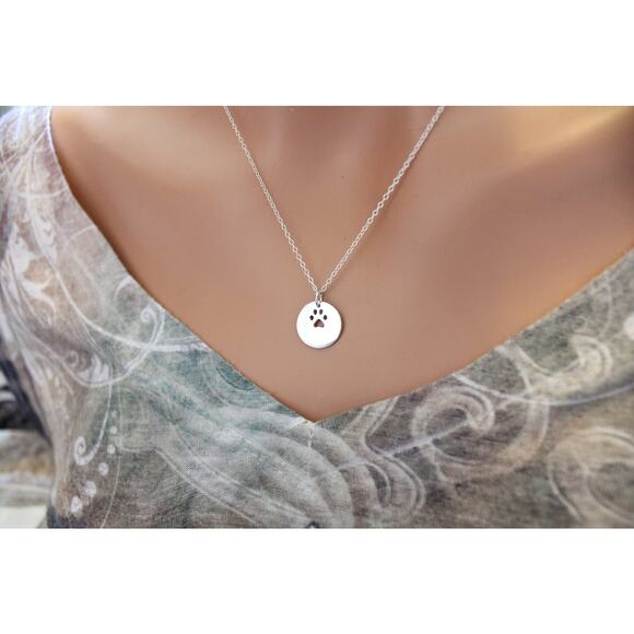 Sterling Silver Circle Charm with Paw Print Cutout Necklace - Picture 2 of 3